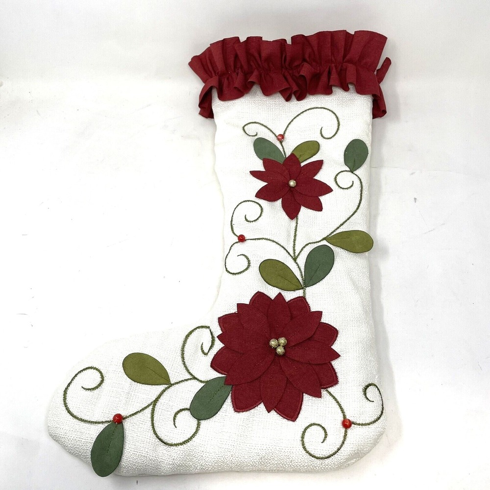 Chestnut Lane White Poinsettia Embroidered Beaded Embellished Christmas Stocking